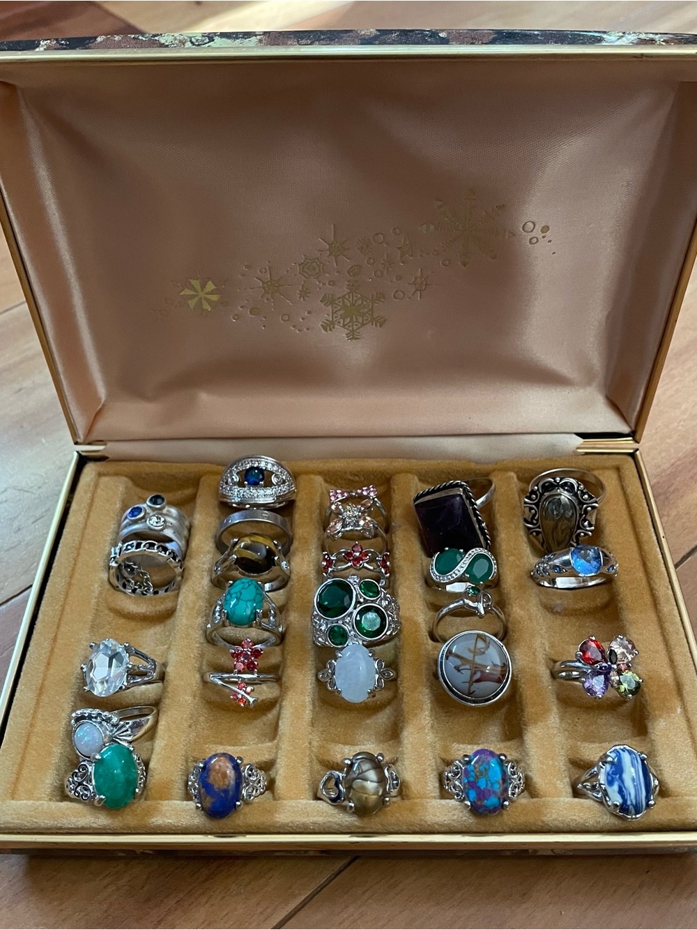 26 Multi-Gemstone Silver tone Ring Collection , in vintage Mele box.